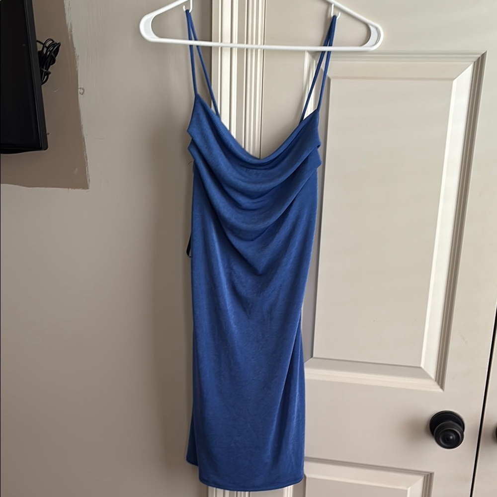 Blue Cowl Neck Spaghetti Strap Mini Dress
